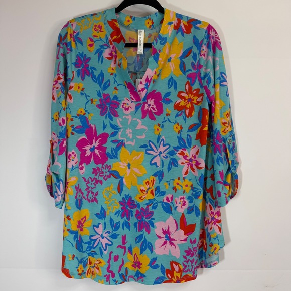Dear Scarlett Tops - Dear Scarlett Liz Floral Tunic Top Bright Spring Boho 3/4 Roll Tab Sleeve Small